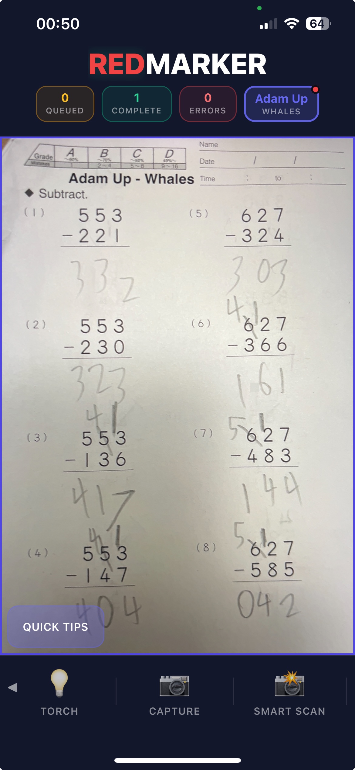 REDMARKER app camera view showing how to point and capture a worksheet