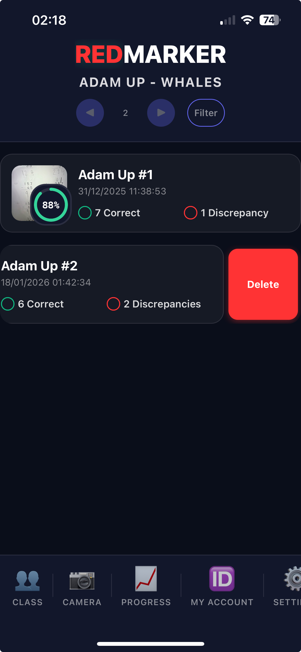 REDMARKER app showing how to delete a single worksheet with swipe gesture