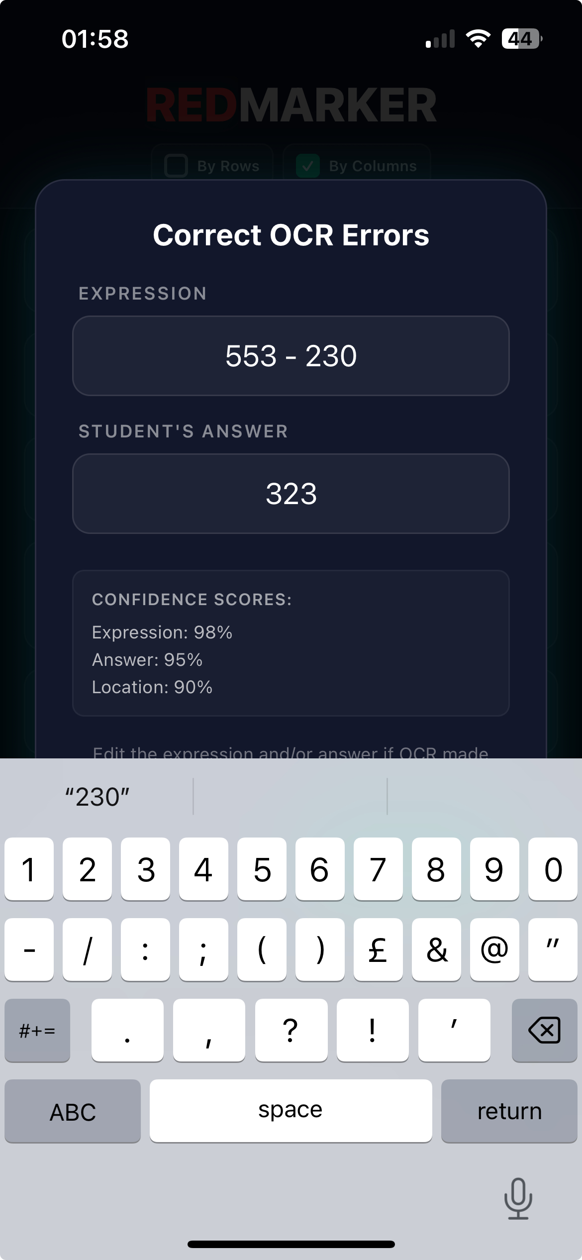 REDMARKER app showing modal dialog for editing OCR results