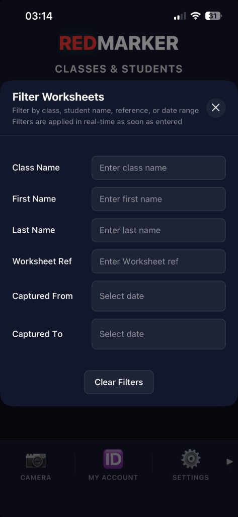 REDMARKER app Filter Worksheets modal: class, first and last name, worksheet reference, captured date range, and Clear Filters
