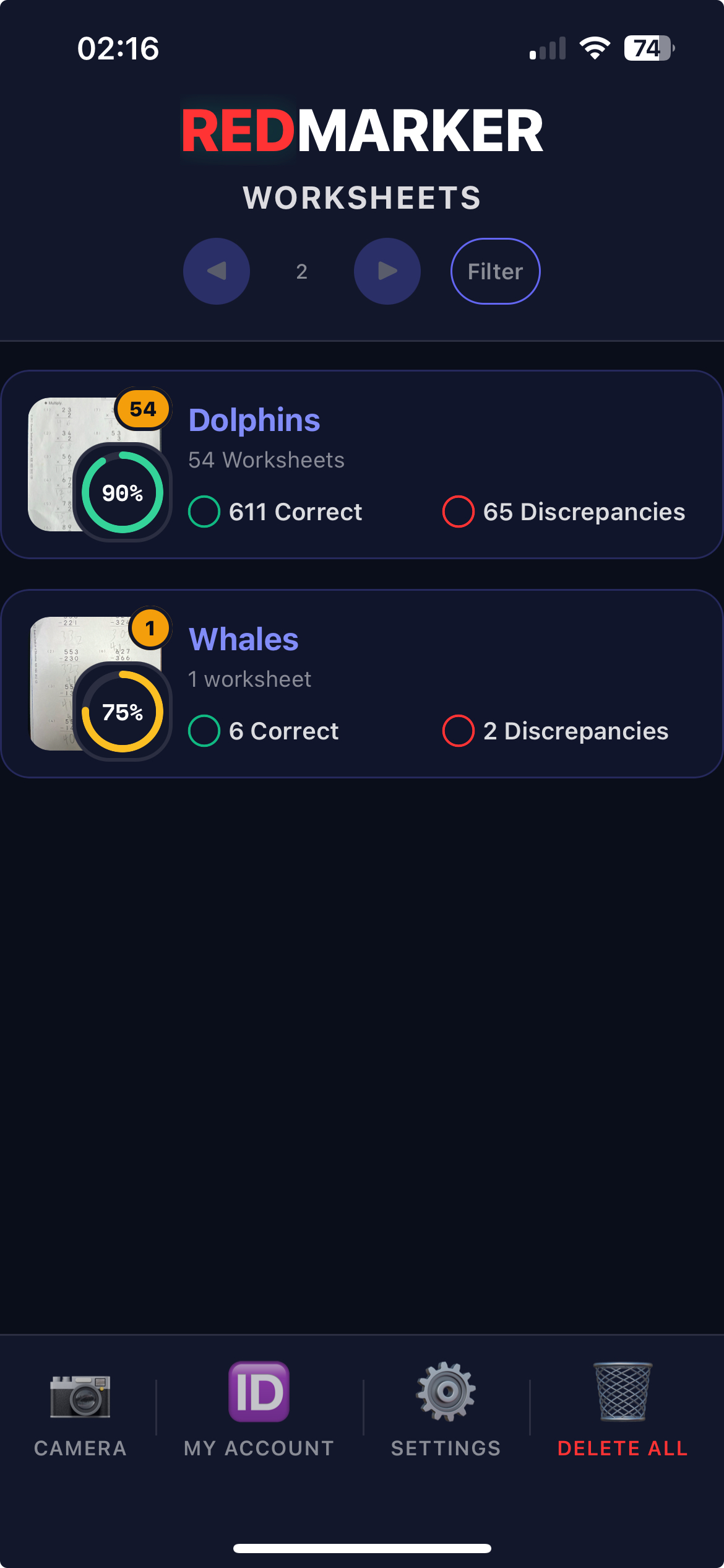 REDMARKER app showing worksheets automatically organised by student and class