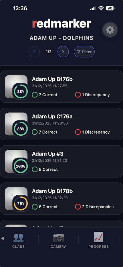 Phone screen listing student and class folders, each showing how many worksheets are stored.