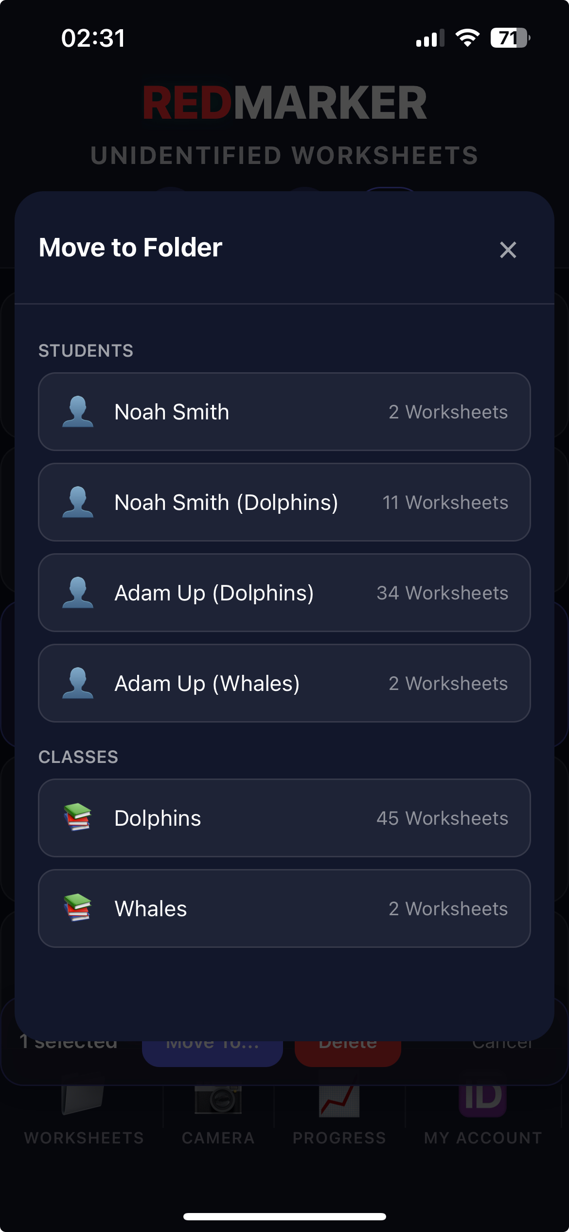 REDMARKER app showing folder selection dialog for moving worksheets