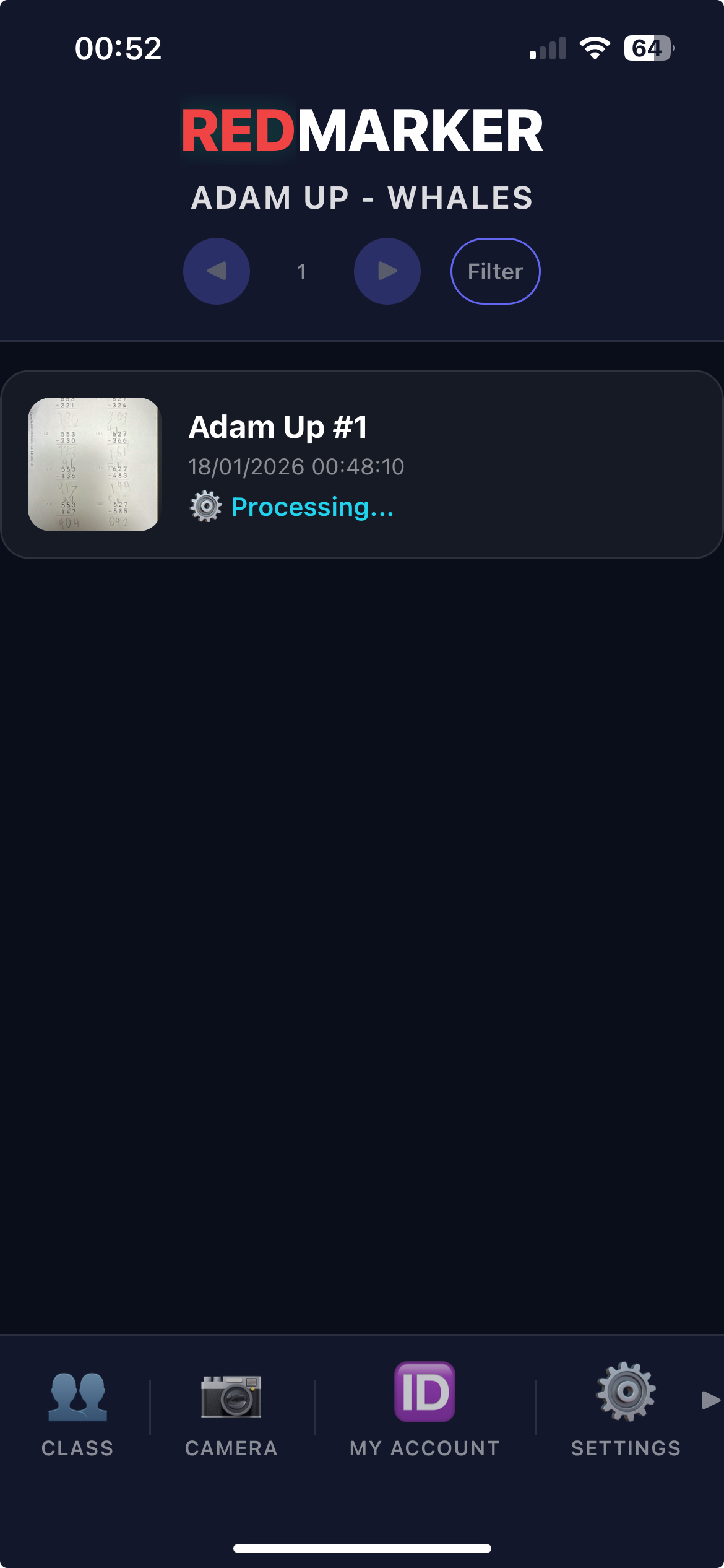 REDMARKER app showing worksheet processing with AI analysis