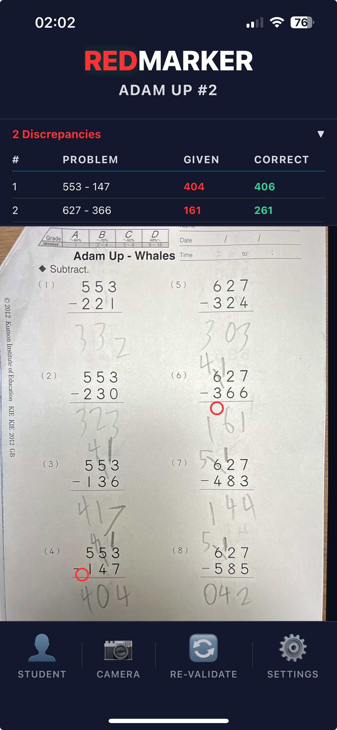 REDMARKER app showing worksheet with incorrect answers highlighted in red