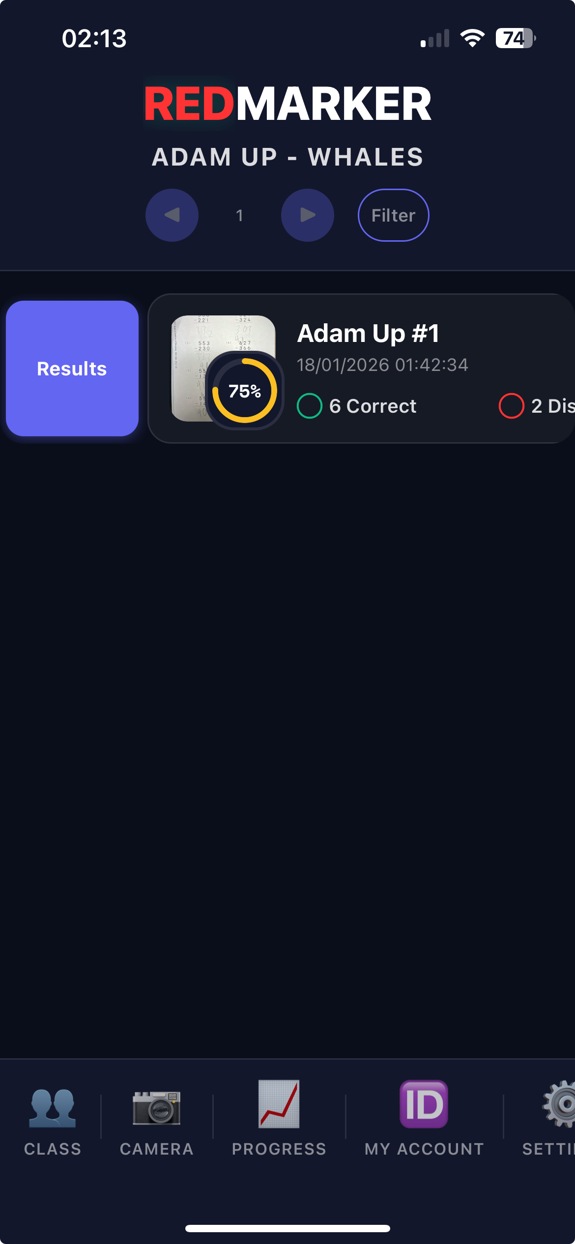 REDMARKER app showing swipe action to reveal results button