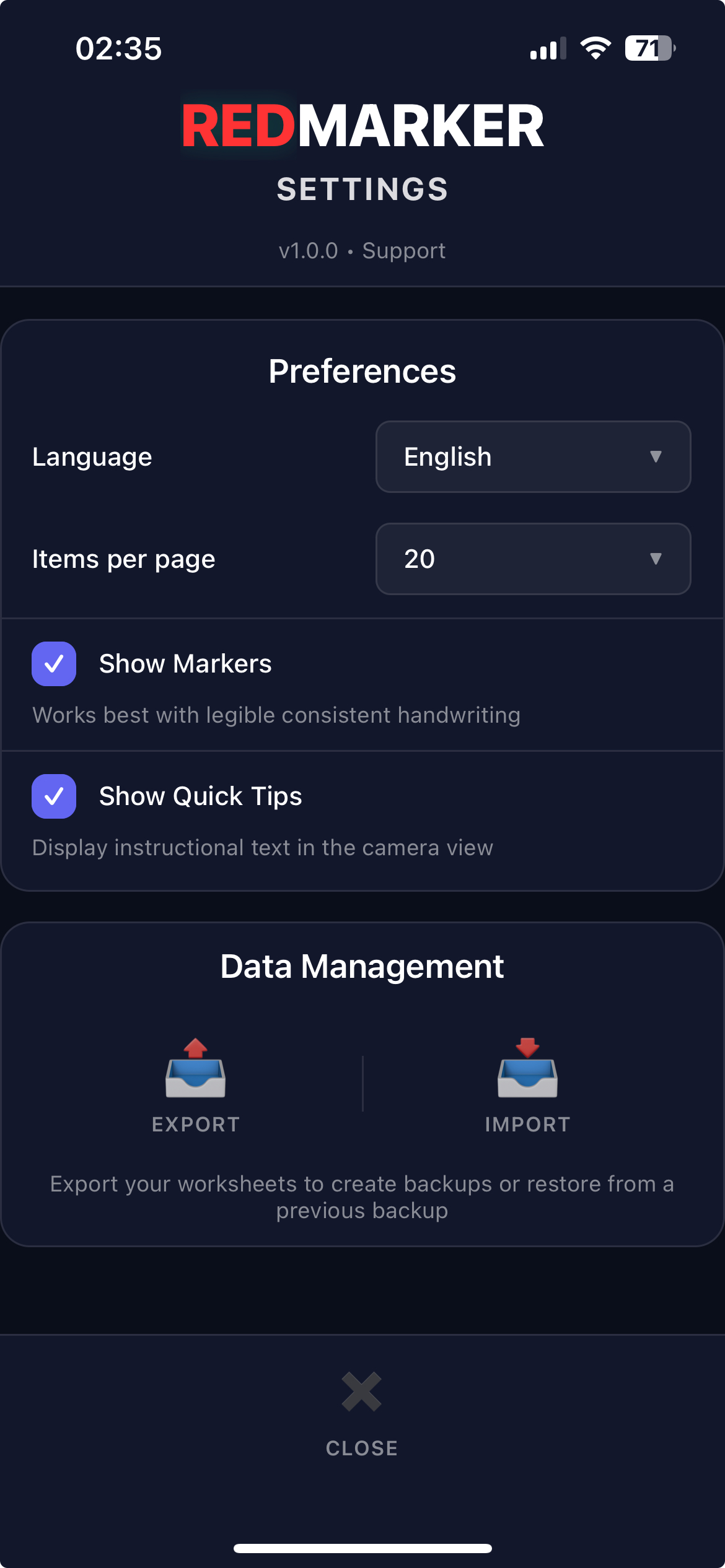 REDMARKER app settings screen showing configuration options