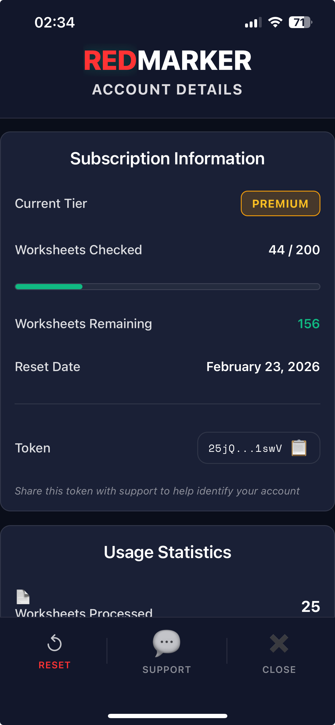 REDMARKER app showing subscription tier, usage statistics, and remaining credits