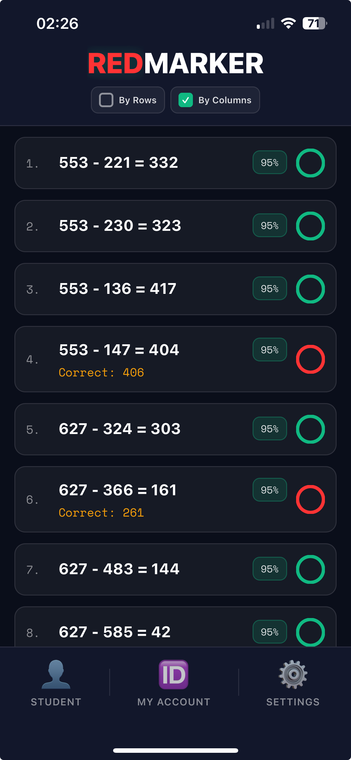 REDMARKER app showing detailed results view with problem list